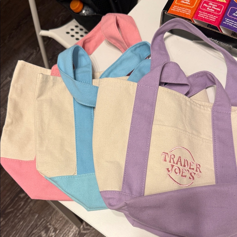 Trader Joe's Canvas Tote Bag Set - Cream, Pink, Blue, and Purple